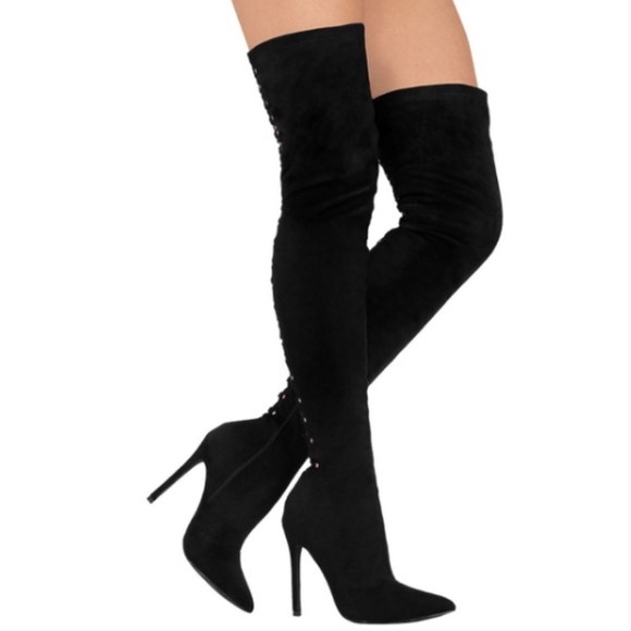 Stretchy Over the Knee Lace Up Boots in Black - Picture 2 of 16